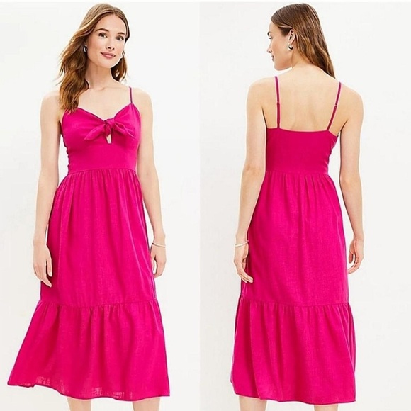 NWT LOFT Beach Tie Front Bow Strappy Linen Blend Midi Dress Hot Pink vacation - Picture 3 of 11
